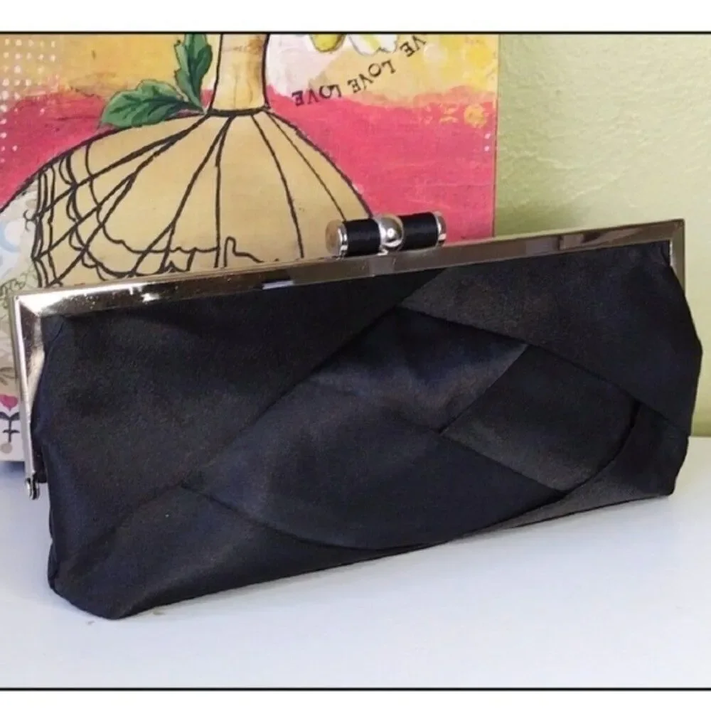 Bijoux Terner VTG Y2K Black‎ Satin Weaved Kisslock Top Evening Clutch with Chain